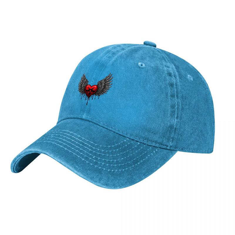 Winged Heart Embroidered Washed Canvas Baseball Cap Classic Black Adjustable Hat with Red Heart Design for Unisex and Women