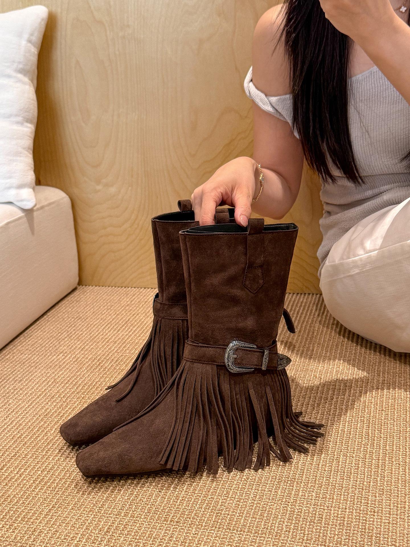 

Retro style inner height increase fringed short boots 2025 brown travel vacation western boots versatile leather pointed fashion boots 40 коричневый