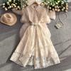 Super Fairy Princess Wind Heavy Industry Lace Mesh Lapel Dress Women's Summer French Celebrity Single-breasted Waist Dress