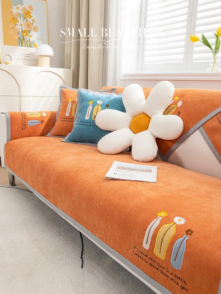 Fashion Vase Embroidery Sofa Towel Thicken Chenille Soft Couch Cover for Sofa Anti-slip Solid Color Sofa Cover for Living Room