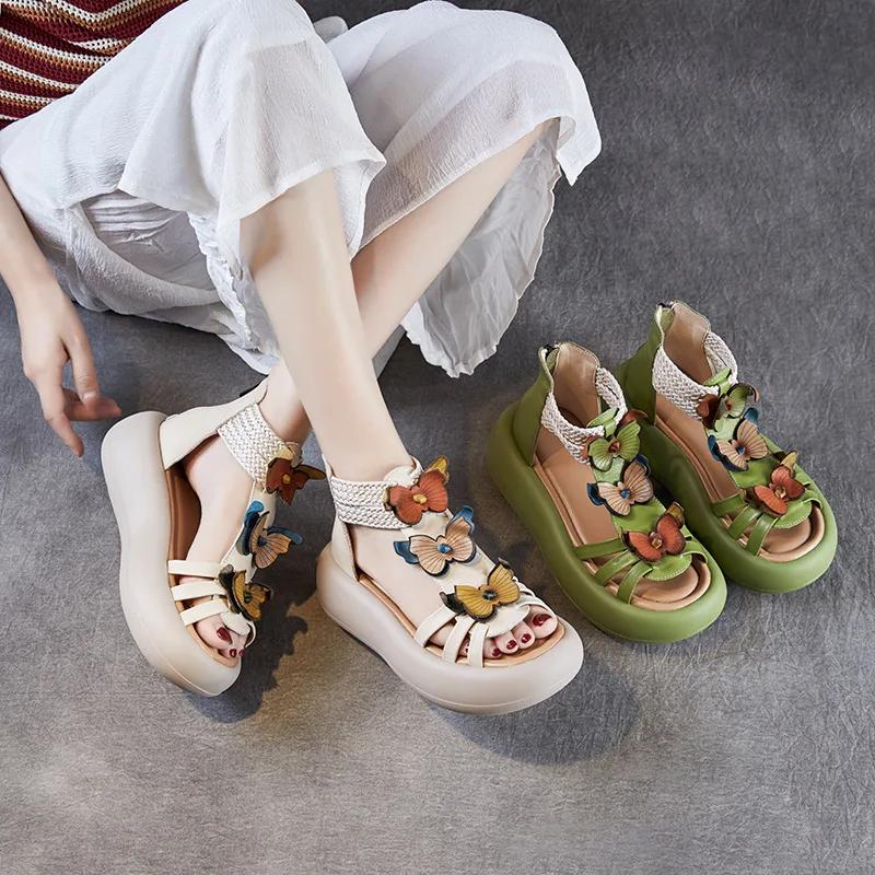 Fashion High Quality 5CM Cow Genuine Leather Flats Flower Women Boots Hollow ZIP Pumps Shoes Summer Platform Wedge Mary Jane Sandals