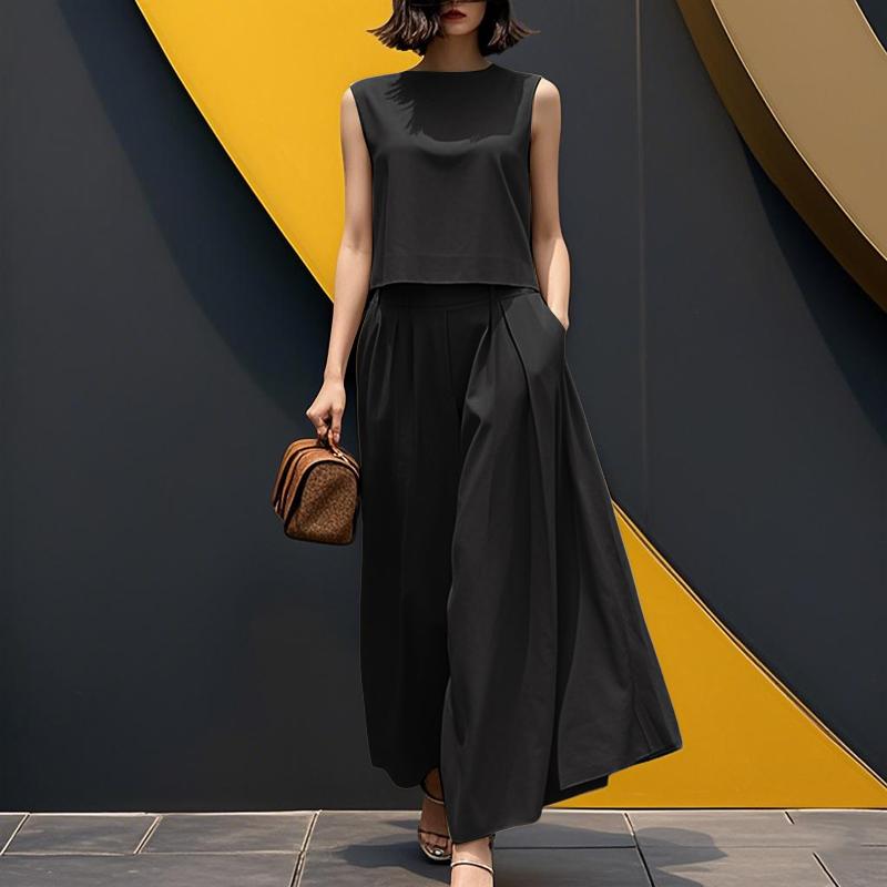 ZANZEA Women Sleeveless Tank Tops and Wide Leg Pants Summer Two Piece Suit Sets
