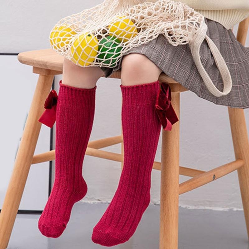 1 Paar Süße Baumwoll-Wadenlange Socken Mit Schleifenmuster-Design Für Kleine Mädchen Alltagsparty