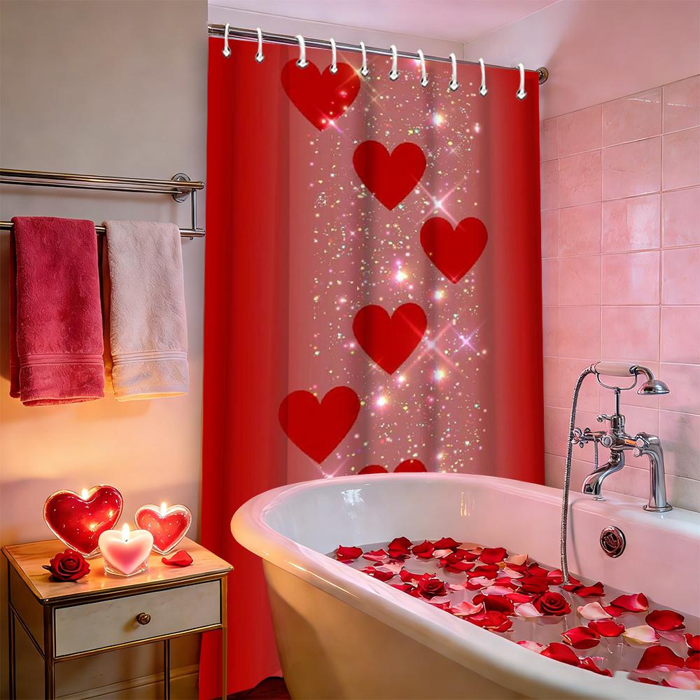 Valentine's Day Love Heart Rose shower curtain, bathroom shower waterproof curtain with 12 hooks, fish shaped home decoration