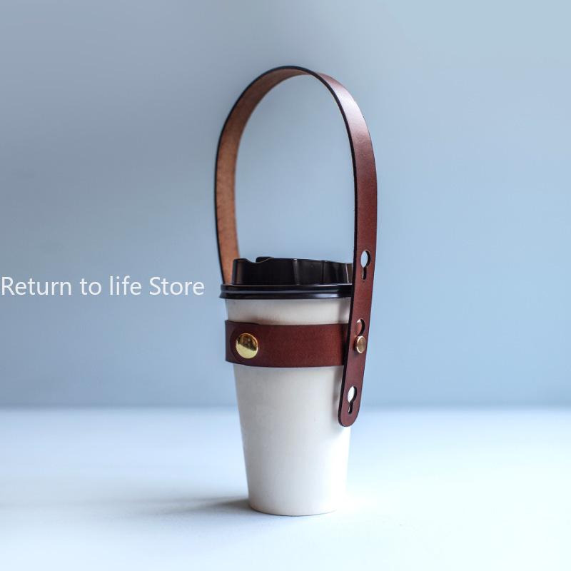 

Genuine PU Leather Coffee Cup Sleeve Carrier with Handle Portable Heat Insulating Holder for Travel Camping Bubble Tea Tumbler
