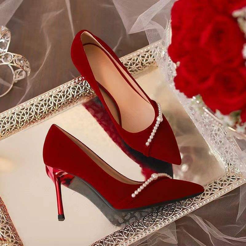 French Wedding Shoes Winter Feminine Xiuhe Wedding Dress Two Wear High Heels Niche Bridal Shoes Red Pearl Single Shoes