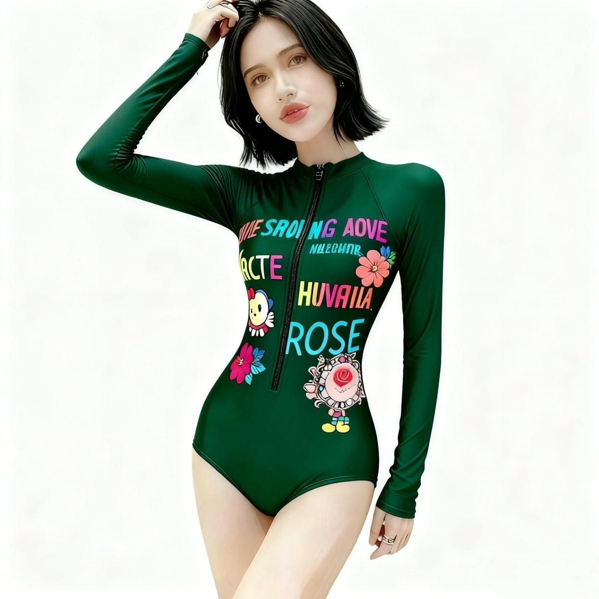 Korean 2026 Women s Slimming Long Sleeve Printed Thong Swimsuit Large зелёный