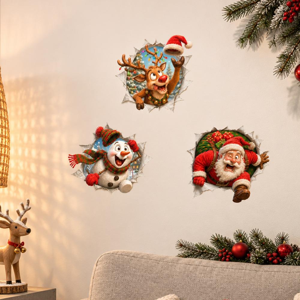 Christmas Broken Wall Combo Window Sticker Self Adhesive 3D Funny Shop Showcase Glass Decal Festive Decor