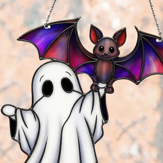 Halloween Reading Ghost Hanging Sign Wooden Bathing Cartoon Ghost Round Sign Indoor Outdoor Porch Door Hanger Wall Hanging Decoration