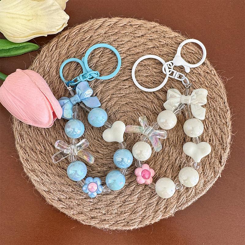 Cartoon Bow Heart Beaded Phone Chain Colorful Keychain Pendant For Women Girls Versatile Backpack Decoration Accessories Gifts