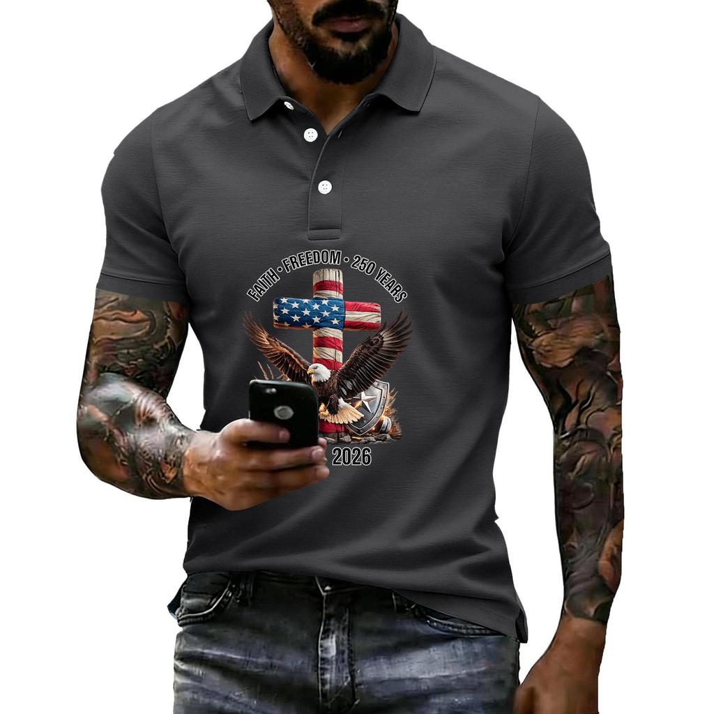 Men's Loose Fit Casual Short Sleeve Polo Shirt with Patriotic Graphic Print 250 Years Commemoration 1776-2026 Cotton Blend Comfortable Design