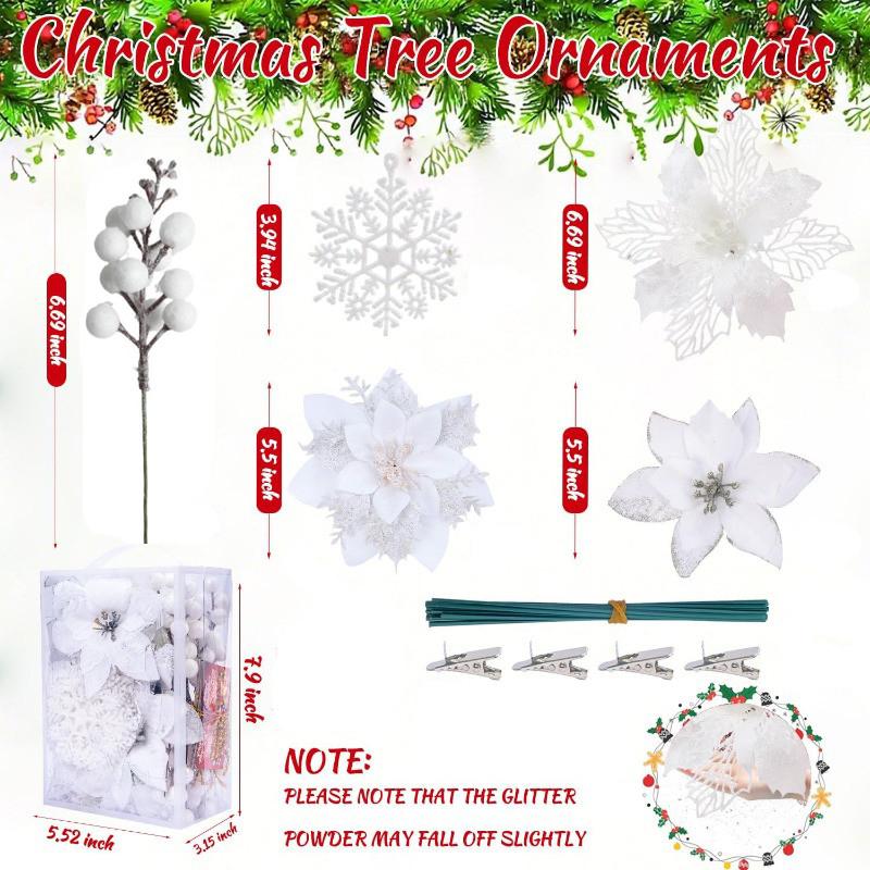 White Christmas Tree Decorations Artificial Flowers Ornaments Berry Stems Hanging Snowflakes for Xmas Tree Party Holiday Decor