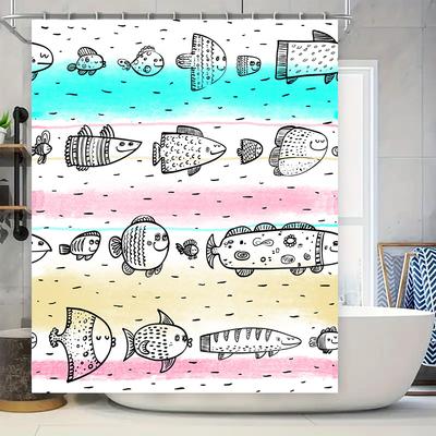 Hand-drawn Fish Shower Curtain with Cartoon Style Blue, Pink Yellow Colors 180x180cm for Bathroom Decoration