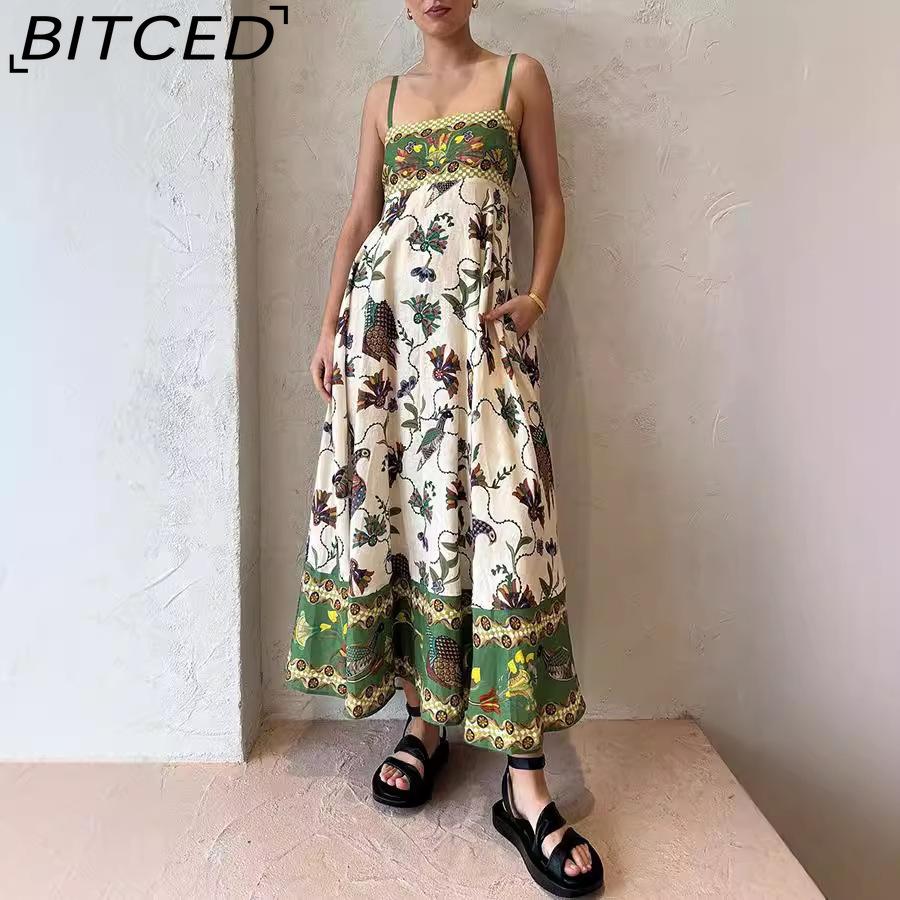 BITCED Spring/Summer Casual Maxi Dress for Women Spaghetti Strap Printed Linen 9 Colors Full-Skirted Dress