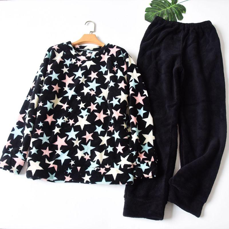

Women s Autumn and Winter Thick Coral Fleece round Neck Pullover Long Sleeves Pajamas Warm Loungewear Suit Black five-star L