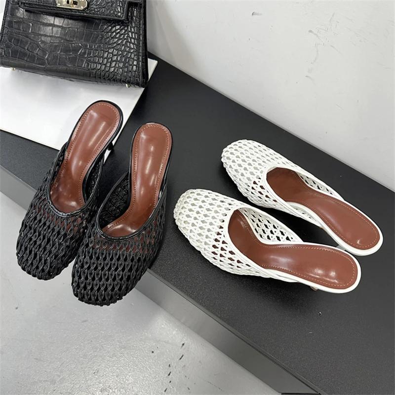 Eilyken Summer Hollow Out Breathable Mesh Weaving Women Slippers Thin Heels Party Dress Mule Shoes Big Size 43