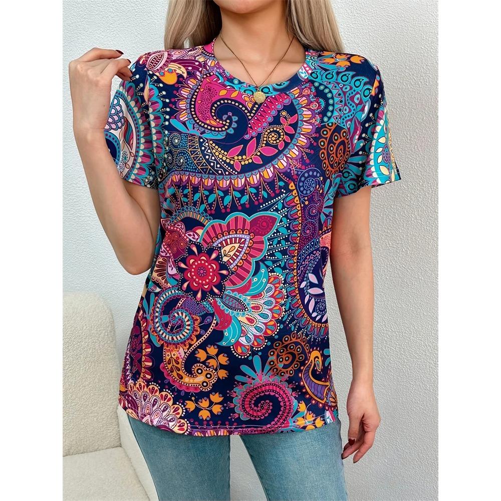 New Women's T Shirt Summer Short Sleeve Abstract Face Printed Round Neck Loose Short Sleeve Oversized Y2K Streetwear