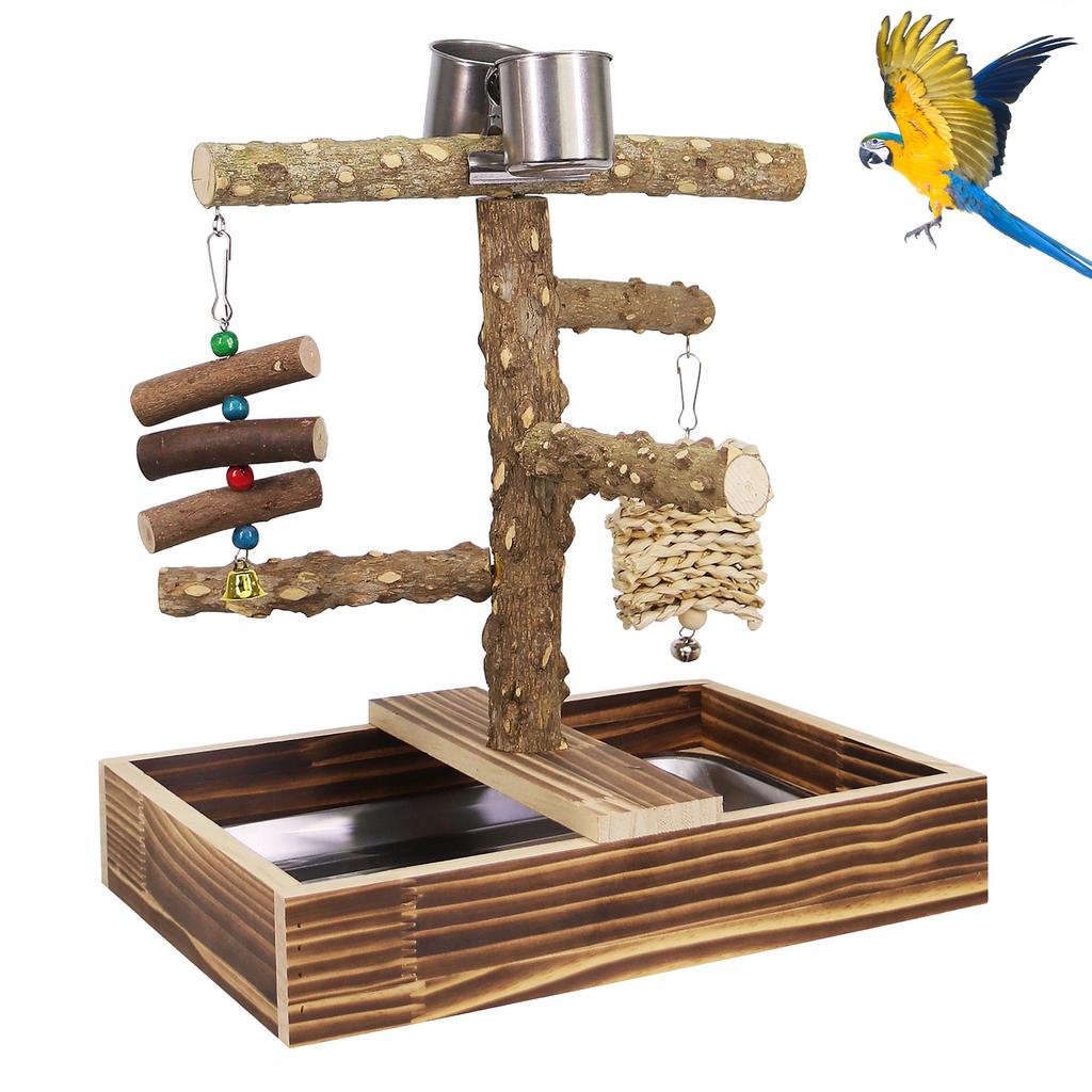 Parrot Stand Rack Solid Wood Swing Prickly Ash Feeder Water Game Platform