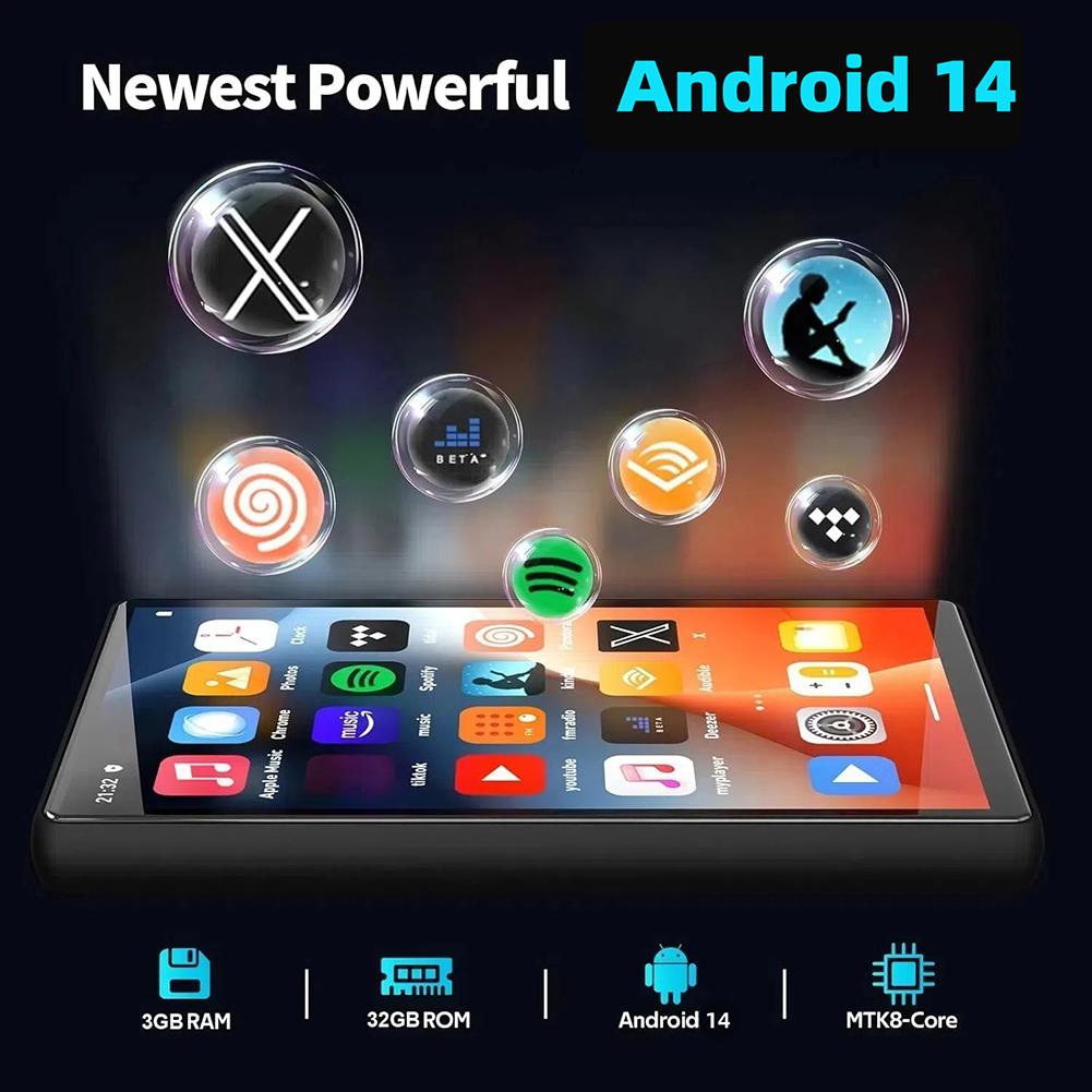 M13 32GB/64GB MP3 Player For Android 14.0 Rechargeable Bluetooth 5.0 Portable Music Walkman 4Inch Full Touch Screen Audio Player