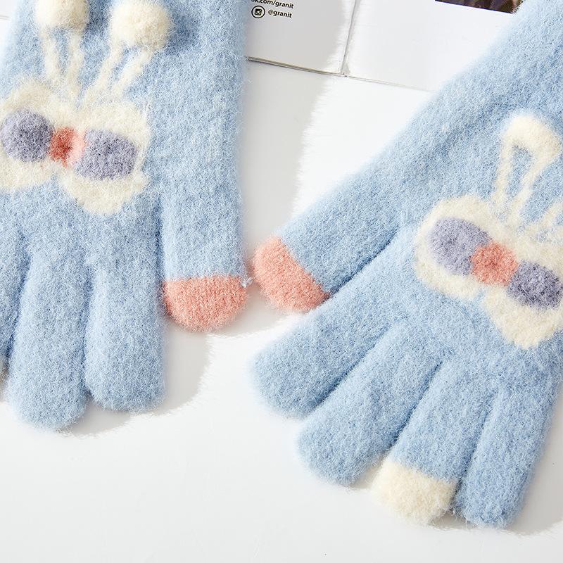 5-12 Jahre alt~ mittelalte und ältere Kinder Winter Thermo Handschuhe Mädchen gestrickt Fünffinger dreidimensionales Häschen Cartoon niedlich Schüler