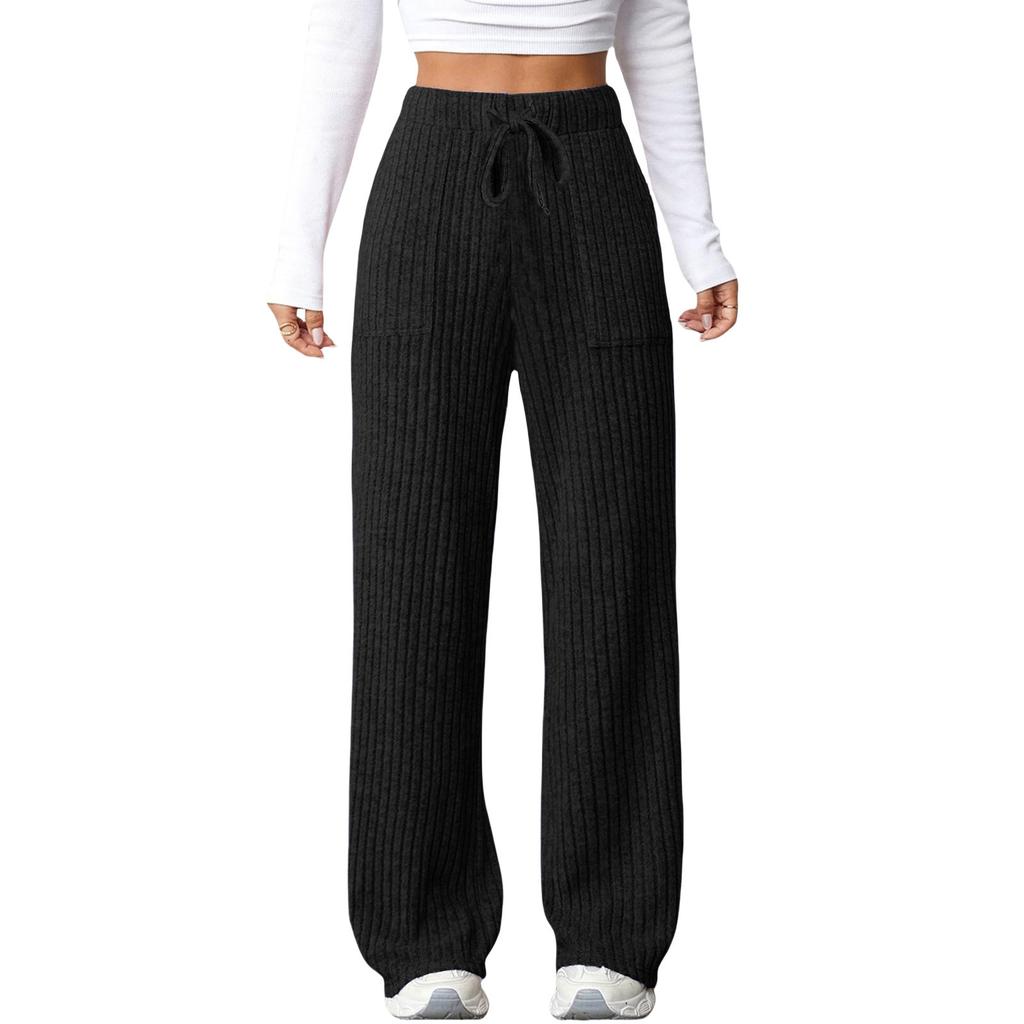 Evropské a americké podzimní zimní nové jednobarevné minimalistické módní všestranné žebrované kapsy se stahovací šňůrkou ležérní dámské kalhoty