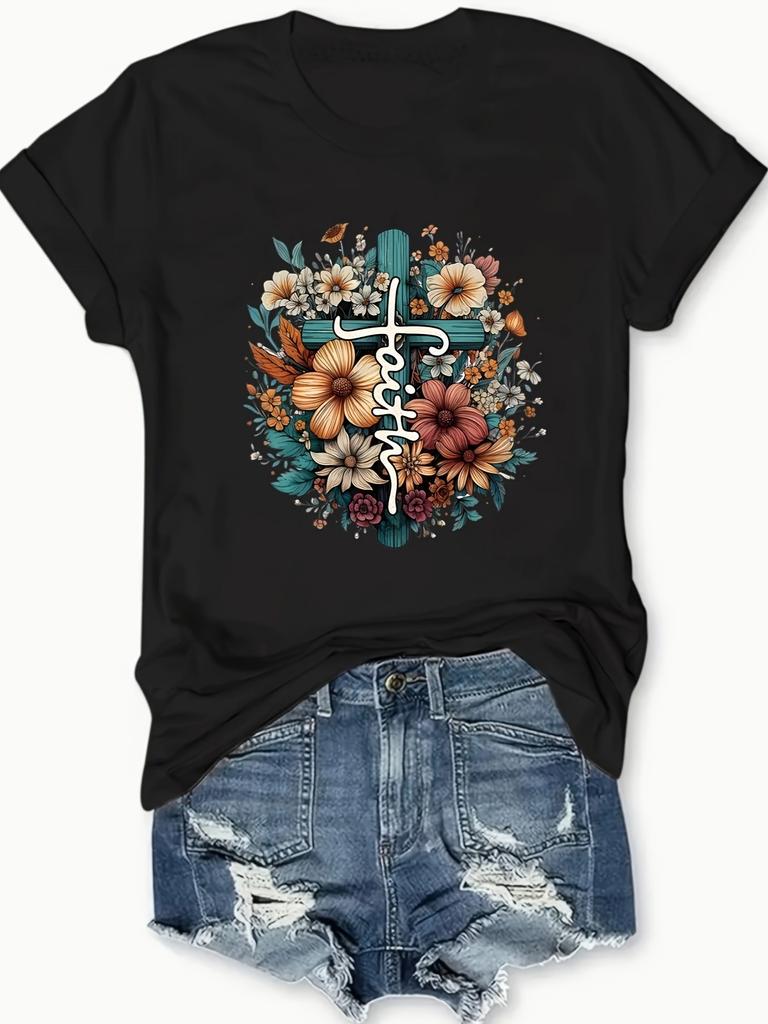European Sizes Women's Chic Letter Cross Floral Print T-Shirt Comfortable Fashion Casual Short Sleeve Round Neck Daily Wear Top