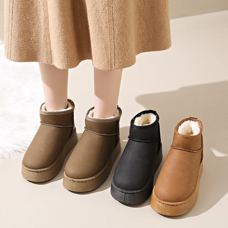 Cizme de zăpadă cu platformă de toamnă și iarnă din piele noi, impermeabile, la modă pentru femei, căptușite cu lână, îngroșate, scurte, izolate, căptușite cu bumbac