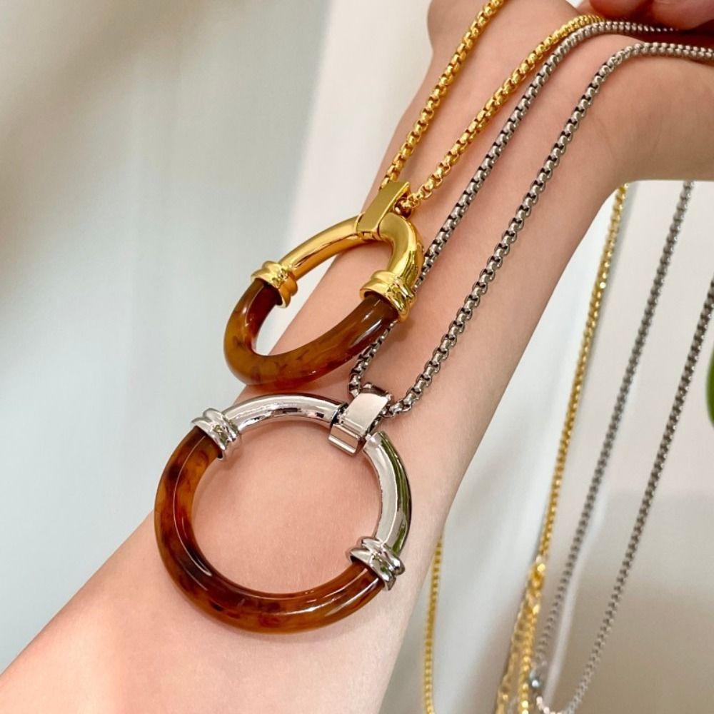 Circle Pendant Amber Splicing Necklace Y2K Sweater Chain Cute Long Chain Necklace  Gift
