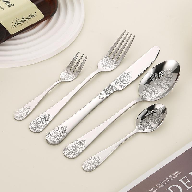 Double ended patterned stainless steel knife,fork,spoon, knife,fork, spoon,five piece set tableware,steak knife,fork 4-piece set
