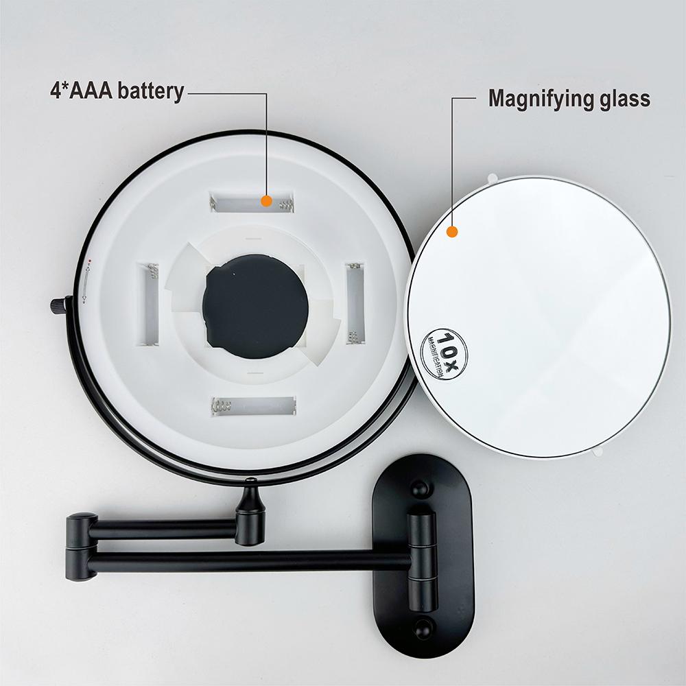 8 Inch Black Wall Mounted Bathroom Mirror 10x Magnifying Makeup Mirror Adjustable Dimming Vanity Cosmetic Mirrors with Light