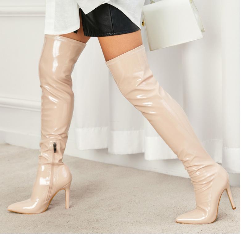 Cross2023 Women's Soft Patent Leather Stiletto Over-the-Knee Boots with Pointed Toe & Side Zipper
