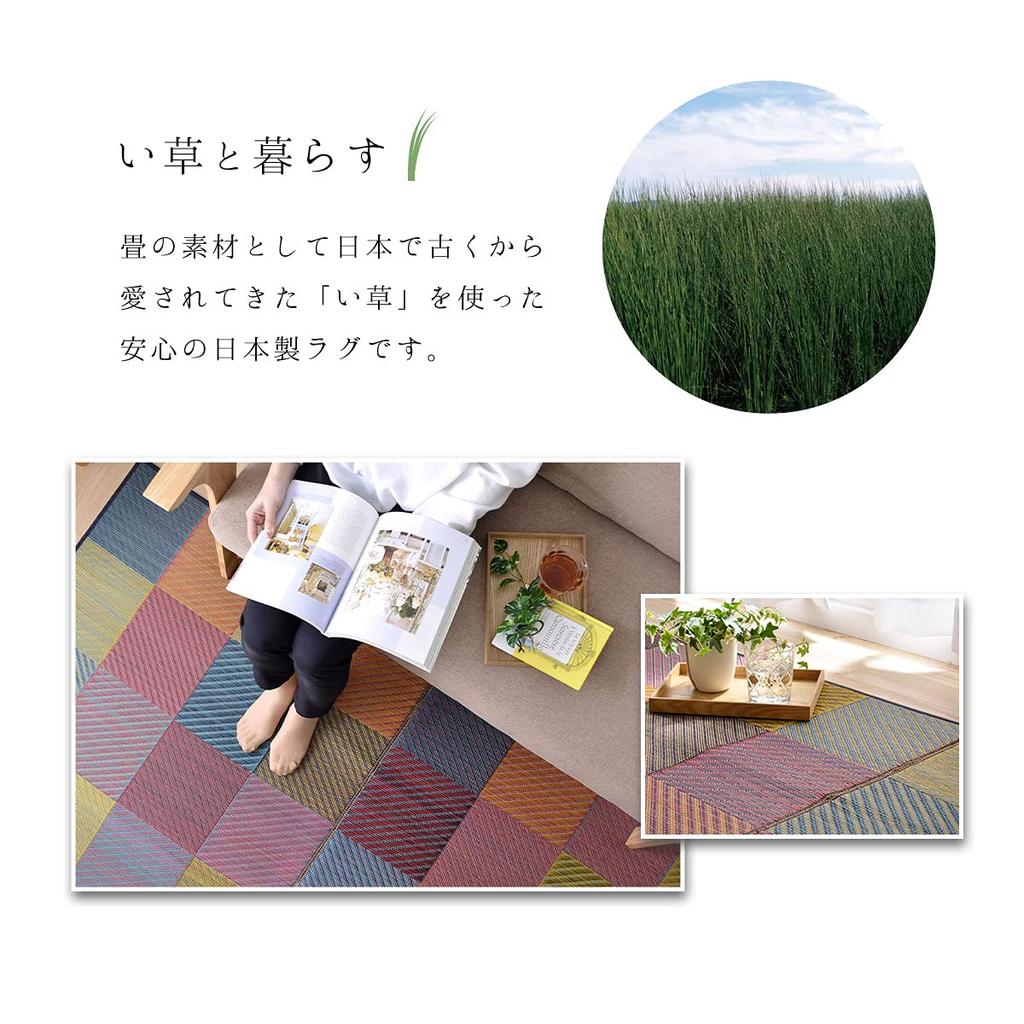 IKEHIKO DX Colorful Block Rug/Carpet, Made In Japan with Igusa Grass, Approx. 191 X 191 Cm, Gray, Non-Woven Backing #1711520