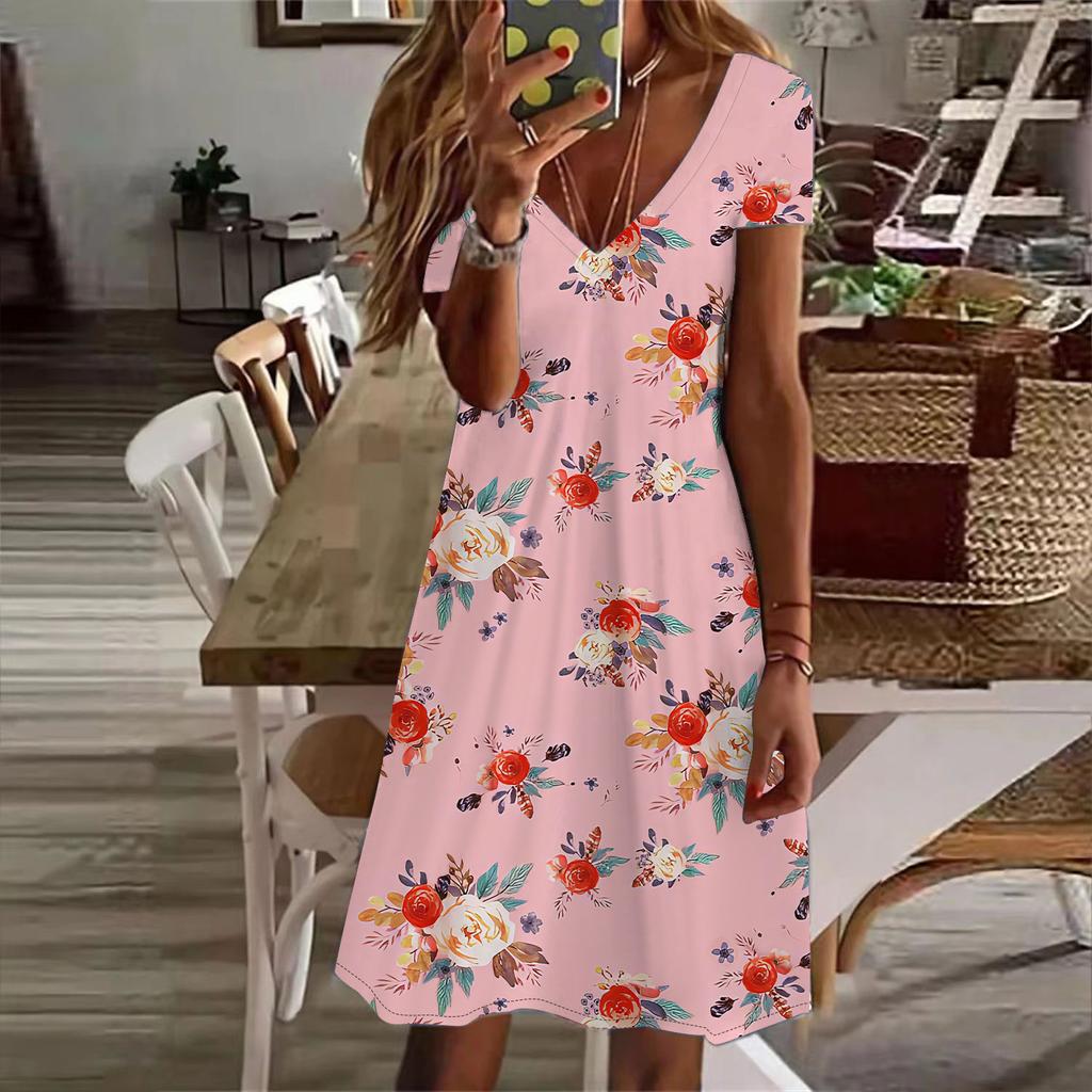 Summer Fashion Women's V Neck Short Sleeve Rose Red Rose Printed Dress Sex Dress