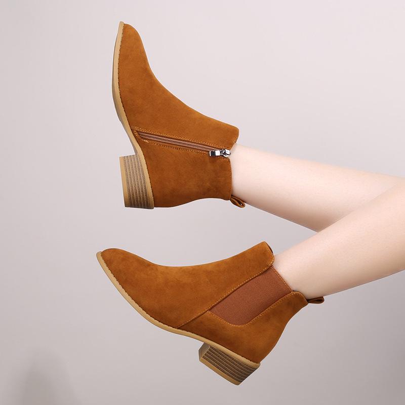 Plus Size Suede Martin Boots - Spring/Autumn 2025, British Style, Pointed Toe, Square Mid Heel
