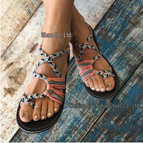Women's Plus Size Color Block Knot Flat Sandals - 2025 New European & American Beach Toe Loop Style