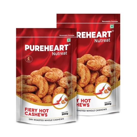 Pureheart Nutreat Fiery Hot Cashews (500 gm, Pack of 2), Premium Spicy Roasted Masala Cashew Nuts/Kaju Dry Fruit | Protein & Fiber Rich Chili Cashews