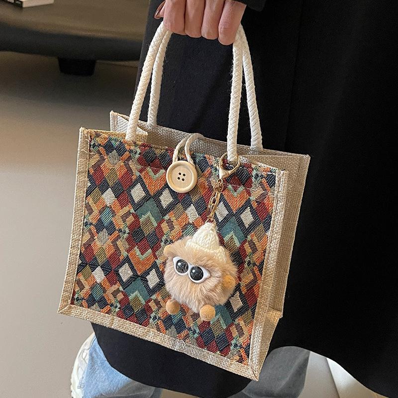 Rhombus linen handbag women's 2026 new souvenir bag fashionable women carrying small satchel when going out