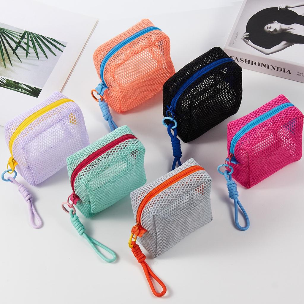 Macaron Colored Mesh Storage Bag with Hanging Rope, Suitable for Storing Lipstick, Headphones,toys,bathroom Grooming,and Storage