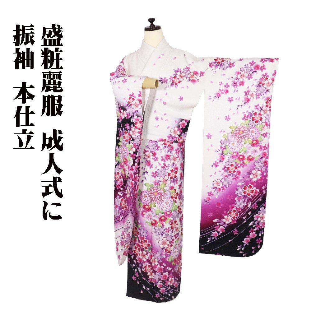 

Furisode, lining, pure silk, white, black, rose pink, silver thread, cherry blossom, chrysanthemum processed product, M size,