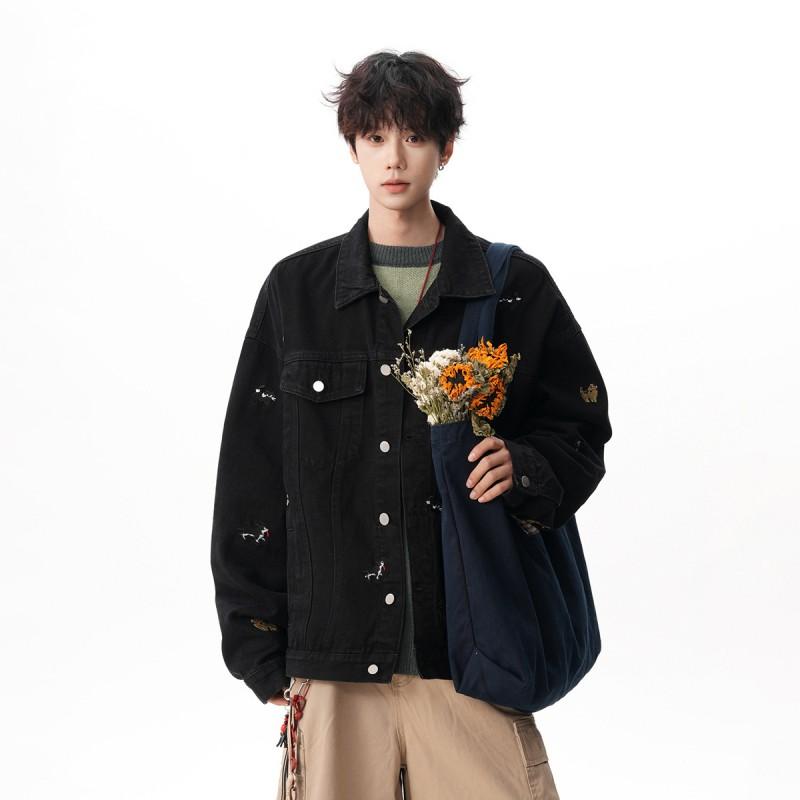 Unisex Oversized Denim Jacket With Embroidered Cartoon Dog Streetwear 2026 Casual Outerwear