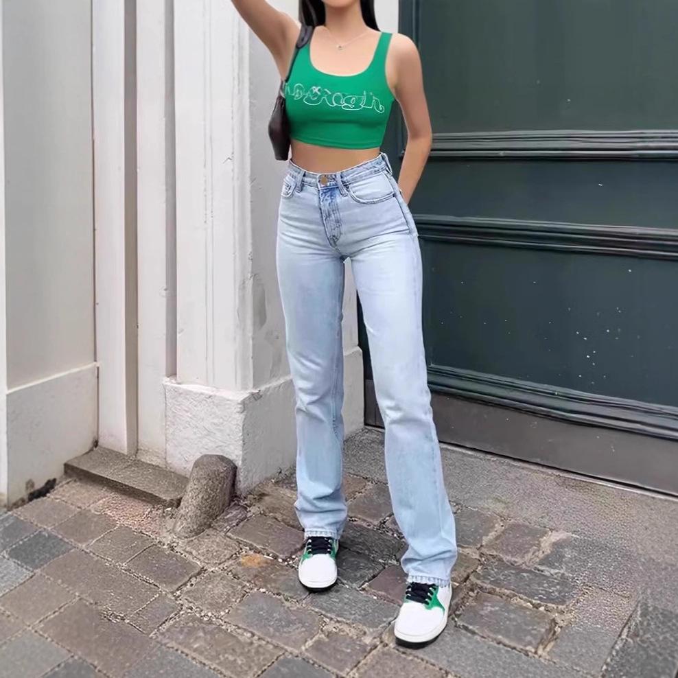 

Women s European & American High Waist Slim Straight Jeans S світло-синій колір