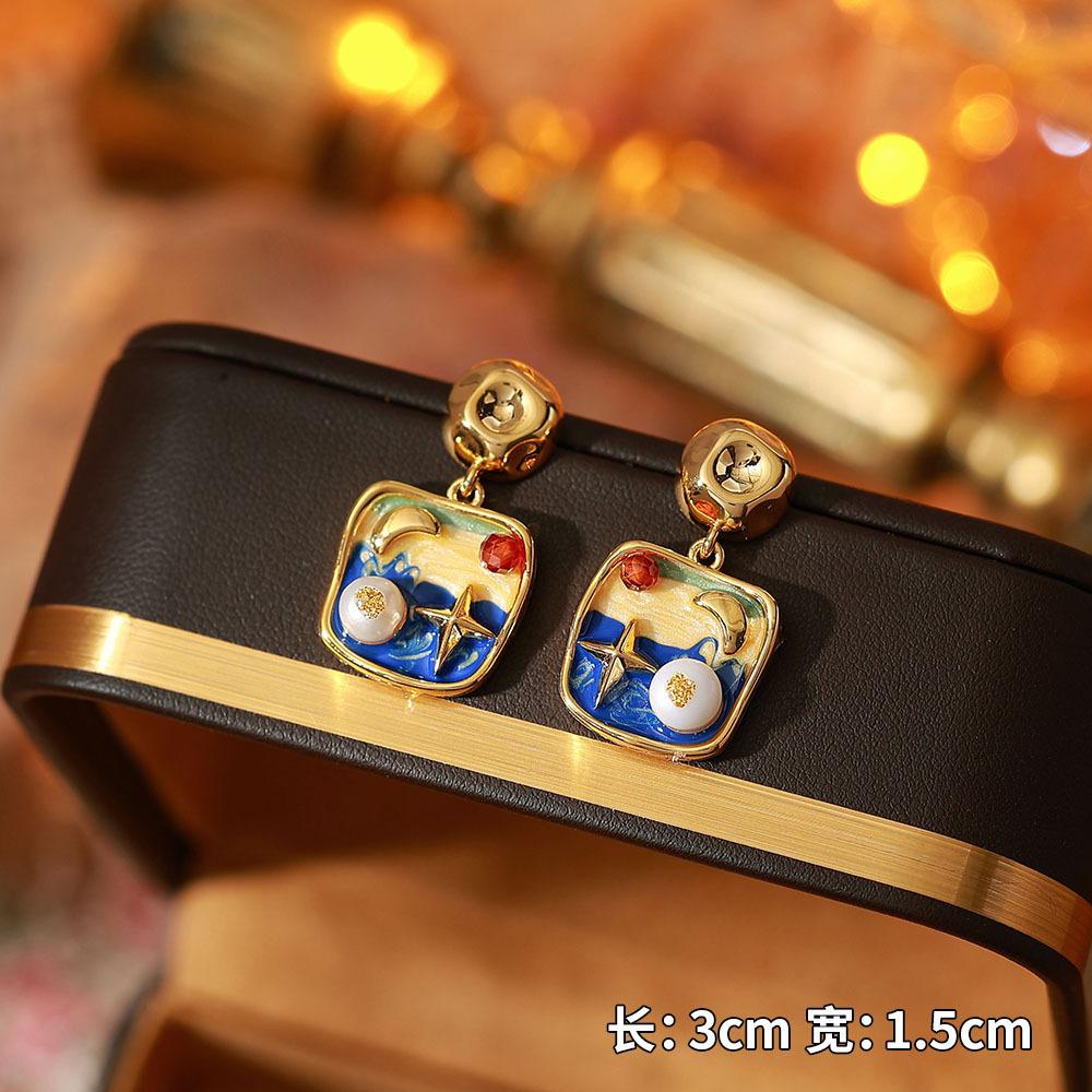 Ainibenni Original Design Enamel Painted Earrings for Women, Monet Garden Oil Painting Style Stud Earrings