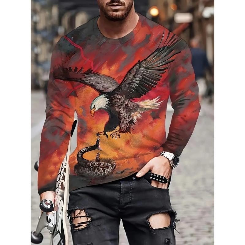 Spring and Autumn Round Neck Vintage Eagle Graphic 3D Printed Top Fashionable Casual Long Sleeved Men's T-shirts