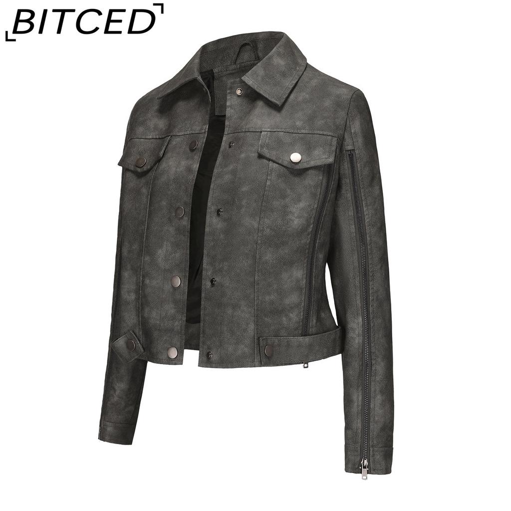 BITCED Women's Fashion Multi-Zip Decorated Biker Jacket Long-Sleeved Cardigan Style Trendy Jacket Spring/Autumn Lightweight Leather Jacket