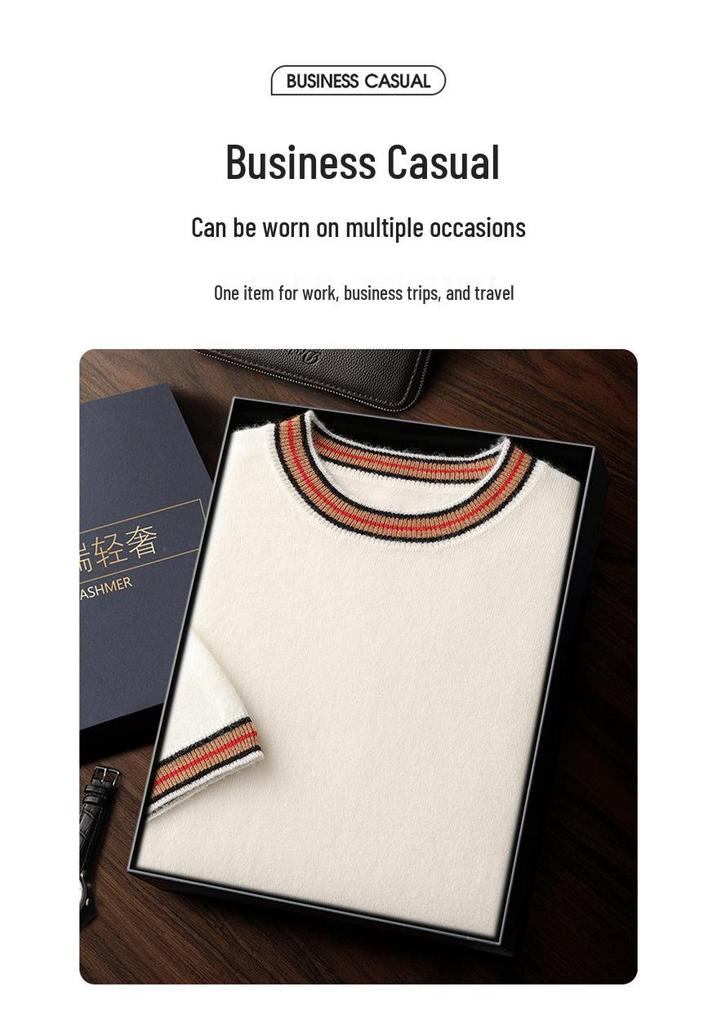Men's Retro Color Block Cashmere Sweater – Short-Sleeve Round Neck Knit Top for Autumn/Winter