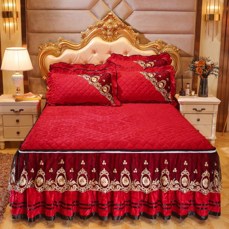 Winter Velvet Lace Bed Skirt One-Piece Thickened Non-Slip Coral Velvet Bedspread Detachable Lace Mattress Protective Cover