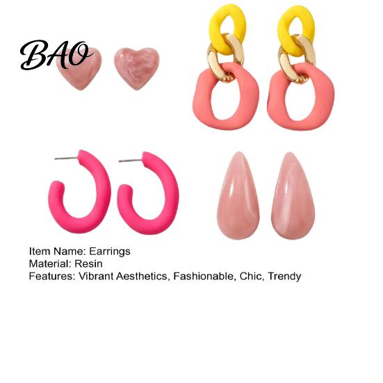 Modern Aesthetic Earring Jewelry 4 Pairs Chunky Statement Earrings for Women, Geometric Hollow Chain, C-shape Lightweight Drop Women Hoop, Heart,