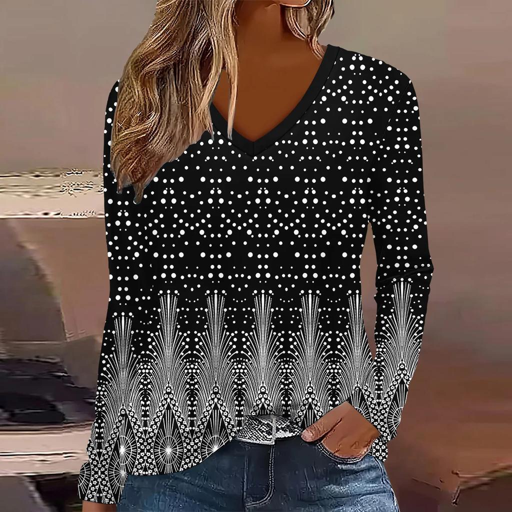 Plus size European and American Fashion 2025 Women's Elegant V-neck Long Sleeve T-shirt
