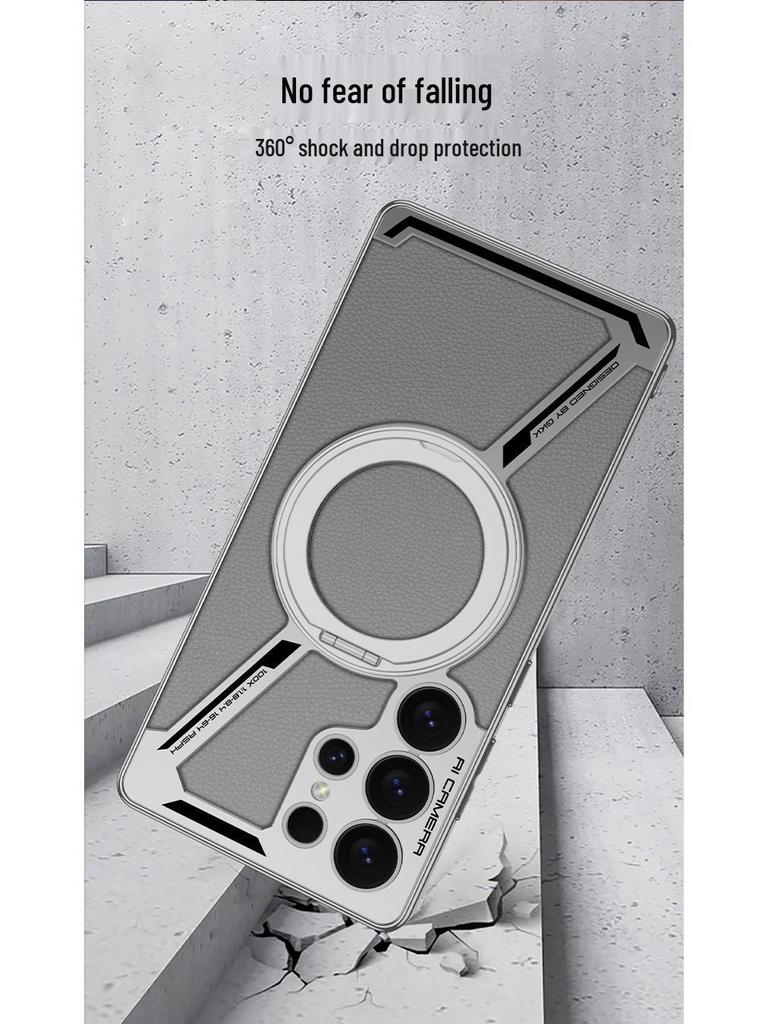 Samsung S25 Ultra Protective Case with Magnetic Rotating Stand – Anti-fall, Electroplated Leather Cover