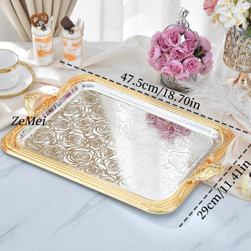 European-Style Rectangle Cake Plate,Carving Rose Home Portable Metal Fruit Tray,Large Size Storage Plate Wedding Decoration